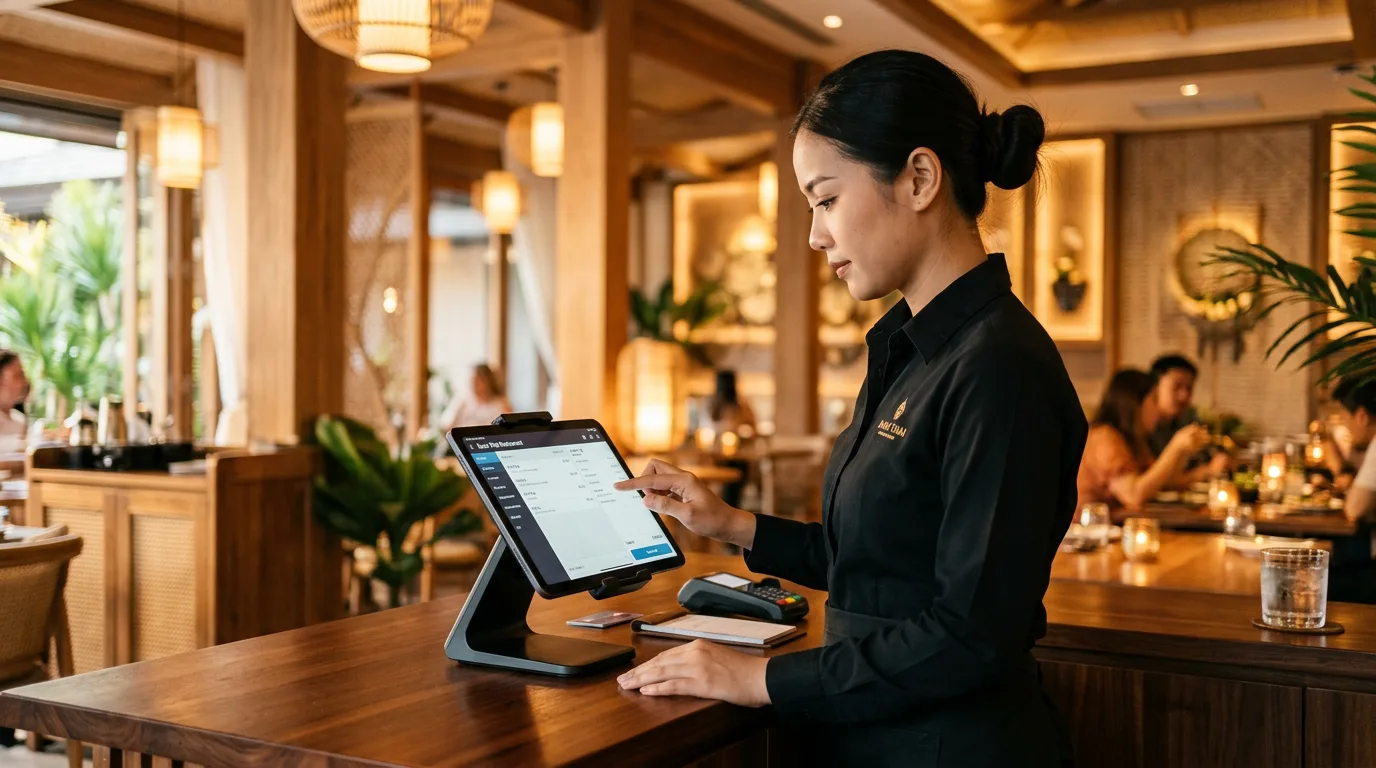 Restaurant staff with a POS terminal and Syrve integration